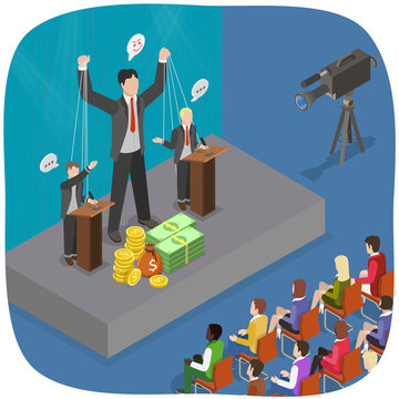 3D Isometric Flat  Illustration of Oligarchy, Money-Wielding Puppeteer Manipulating Politician On Podium.