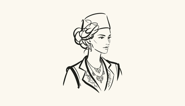 Hand drawn sketch of Albanian bride wearing traditional folk costume jewelry and headpiece