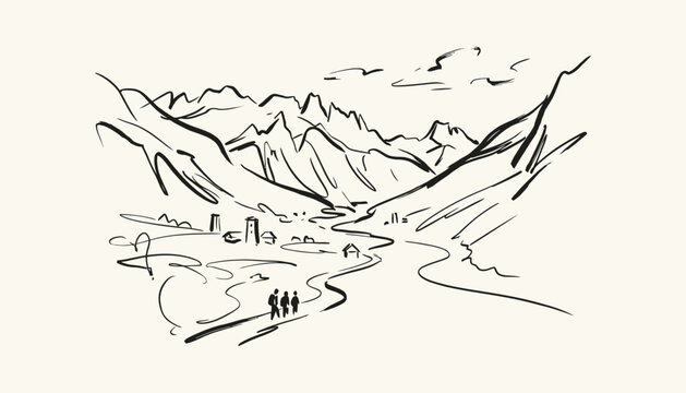 Hand-drawn sketch of Albanian Alps mountain landscape with hikers and village in a valley