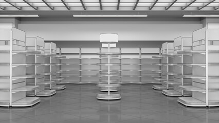 Supermarket interior mockup with gondola shelving and cylindrical five-tier display racks with blank toppers. 3d illustration © Wire_man