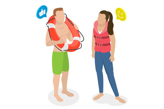 3D Isometric Flat  Illustration of Lifeguards, People In Lifejackets And Lifebuoys Happily Working By The Sea Shore.
