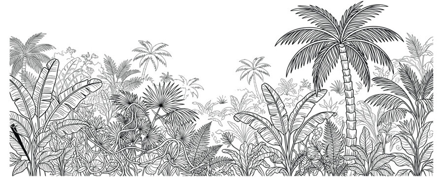 Detailed tropical jungle outline with palm trees and banana leaves.