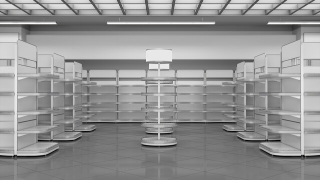 Supermarket interior mockup with gondola shelving and cylindrical five-tier display racks with blank toppers. 3d illustration