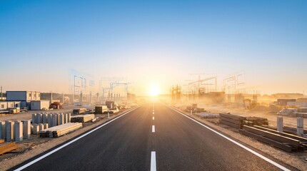 Fototapeta premium New construction site with road leading to sunrise blueprints overlaying buildings