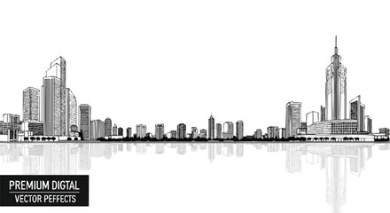 Fototapeta premium Modern city skyline sketch with reflection on waterfront