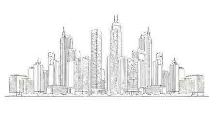 Obraz premium Modern city skyline sketch with tall skyscrapers in downtown area