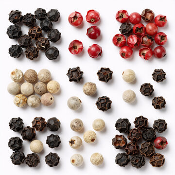 Cartoon Pepper Grain. Peppercorn Seeds Of Different Colors (Black, Red, White, Allspice) Isolated On A Pure White Background