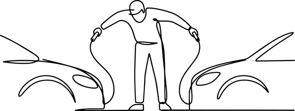 Man jumping a dead car battery with jumper cables, continuous single line drawing of emergency service and trouble in outline style