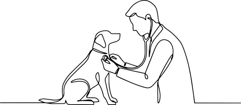 Veterinarian examining a dog with a stethoscope in a minimalist continuous one line drawing concept and checkup in outline style