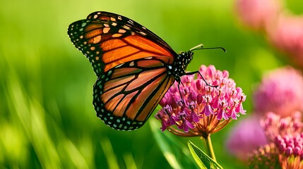 Obraz premium Beautiful orange monarch butterfly sitting on a pink flower in a sunny summer garden