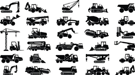 Fototapeta premium Construction Machinery Silhouettes with Excavators, Cranes, Dump Trucks and Heavy Equipment Icons