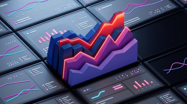 3D neon stock market growth chart with upward bar graph on digital network background