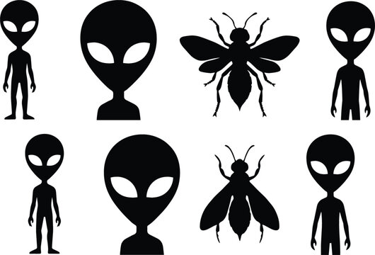 Sci Fi Alien and Honeybee Silhouette Icon Set Featuring Extraterrestrial Martians Greys Full Body Figures Heads and Flying Wasp Elements for Graphic Designs
