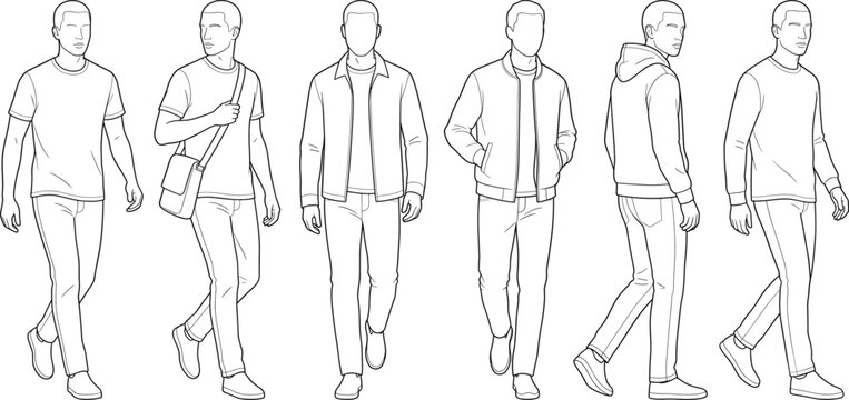 Walking human figures in casual clothing line drawings for fashion and character illustration reference