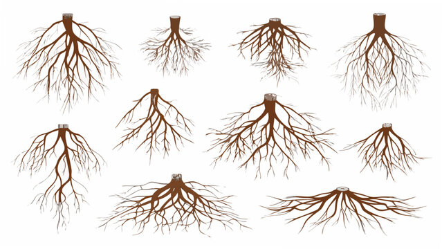Collection of exposed plant roots detailed vector illustration with brown tones on a white background