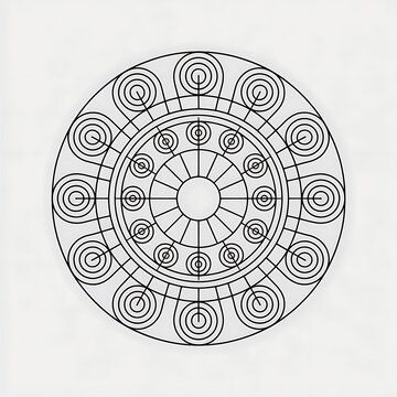 Circular geometric mandala pattern with concentric circles and radial lines for a detailed coloring page on white background