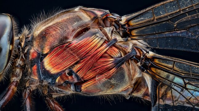 Extreme macro photography of dragonfly thorax internal flight muscles.