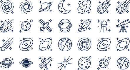 Outer Space Astronomy Line Icon Set with Rocket Ship Astronaut Helmet Telescope Planets Galaxy Meteorite and Satellite Elements for Science Education Designs © MdGohurul