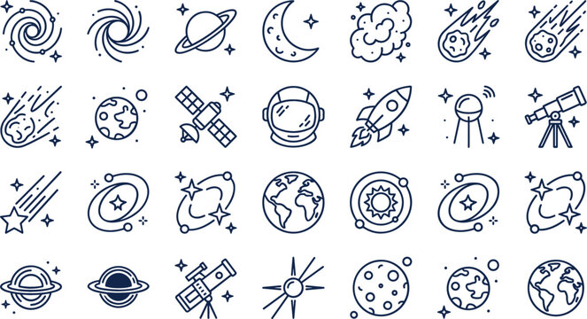 Outer Space Astronomy Line Icon Set with Rocket Ship Astronaut Helmet Telescope Planets Galaxy Meteorite and Satellite Elements for Science Education Designs