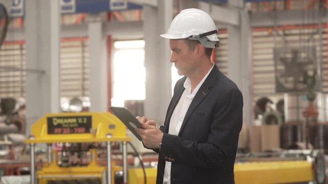 Medium shot of a Caucasian male executive and a Black female manager wearing safety helmets while reviewing operational data on a digital tablet in a heavy industrial plant. Concept of corporate 