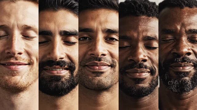 Diverse Men Portraits Collage showing peaceful expressions with eyes closed, ideal for mental health and diversity campaigns.