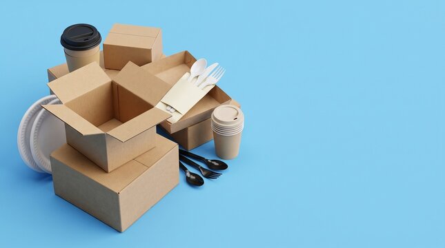 Open cardboard food delivery box with disposable utensils and takeaway cup on blue background