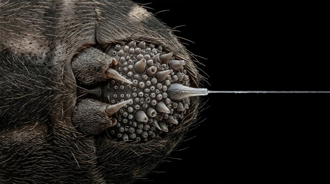 Extreme Macro View of a Spider Spinneret with Silk Thread.