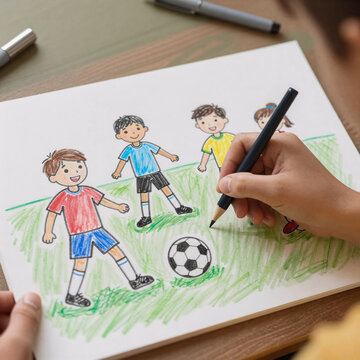 Art Deco Soccer Mom. A Child'S Pencil Drawing Of A Cheerful Sports Family Playing Soccer In A Vibrant, Childish Style