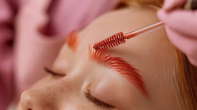 Brow artist applying vivid terracotta-orange tinted gel onto a client's brow creating a bold color effect. Concept of vivid brow color tinting.