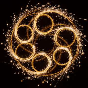 Celtic Art Ring Christmas. Glittering Christmas And New Year Magic Glow With Confetti, Firework Sparks, And Gold Glitter Circle Trails