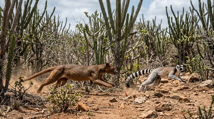 Fototapeta premium Fossa hunting a ring-tailed lemur in Madagascar.