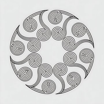 Circular geometric pattern featuring spiraling lines and swirling shapes arranged in a radial mandala style on a white background