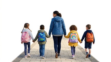 Obraz premium A teacher holding hands with four diverse elementary school children wearing colorful backpacks walking away together