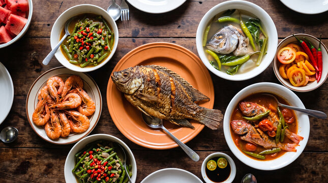 Top view of a traditional filipino feast featuring fried tilapia, shrimp, sinigang, ginisang sitaw, and fresh tomatoes on a rustic wooden table
