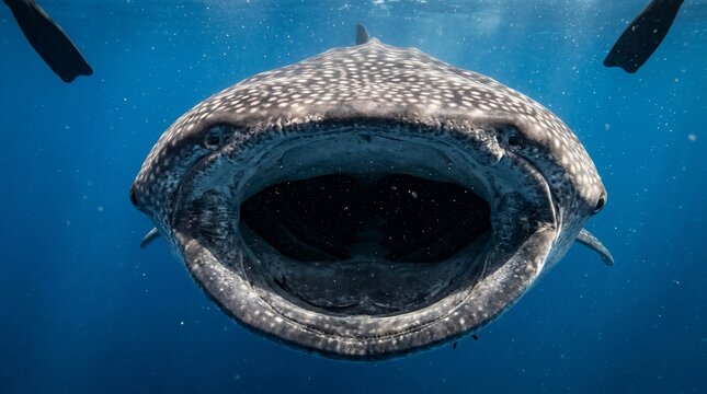 Front view of a giant whale shark swimming underwater with its mouth wide open.