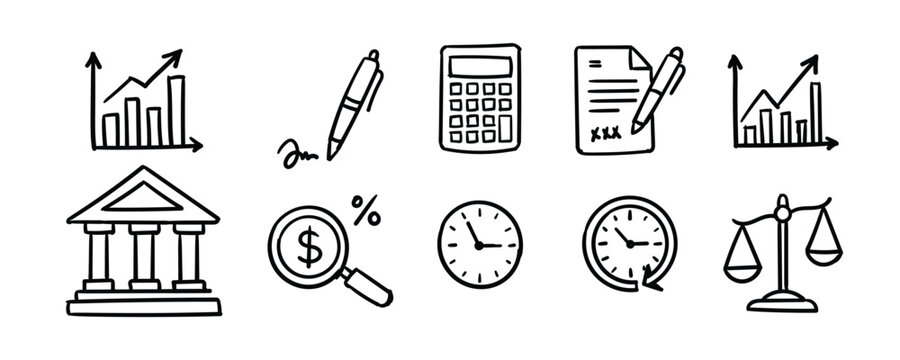 Hand drawn banking, accounting, and business icon collection featuring charts, calculator, bank building, clock, and balance scales