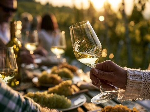 Elegant Wine and Dine Evening: Cheersing in a Vineyard at Sunset with Friends - A Romantic Autumn Harvest Celebration