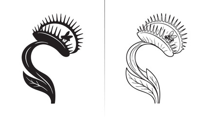 black silhouette with line art vector of a venus flytrap closing © Shamsul
