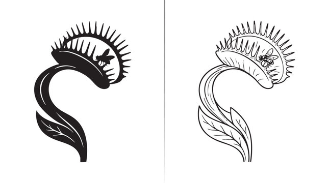 black silhouette with line art vector of a venus flytrap closing