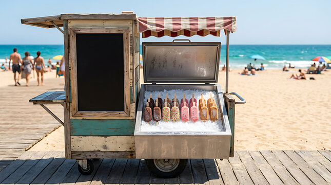 Ice Cream Bar Cart with Colorful Frozen Treats on Summer Beach Boardwalk