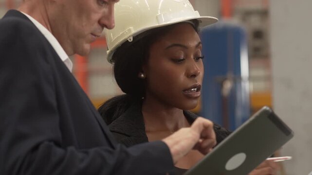 Medium shot of a Caucasian male executive and a Black female manager wearing safety helmets while reviewing operational data on a digital tablet in a heavy industrial plant. Concept of corporate 