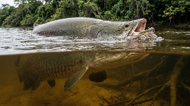 Giant Arapaima Fish Emerging From Amazon River Water Surface.