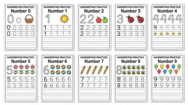 Set of numbers handwriting practice worksheets for kids with cute colorful illustrations isolated on white background