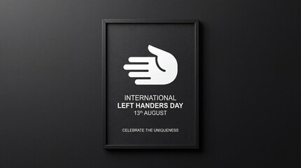 A sleek black picture frame containing a minimalist poster celebrating International Left Handers Day, held on August 13th, isolated on a dark background.