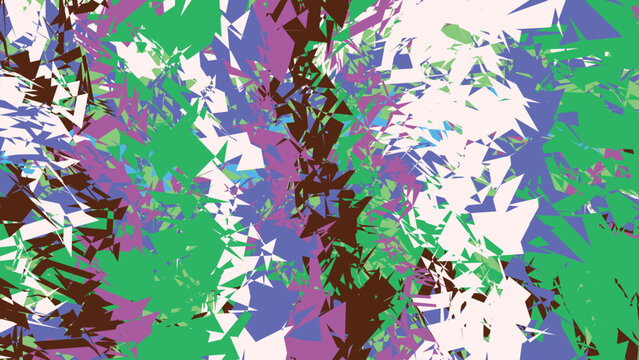 Abstract chaotic background with messy geometric triangular polygons in green purple white and dark brown colors for creative digital art.