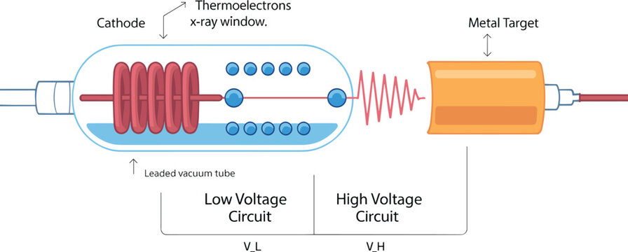 X ray tube working principle diagram showing cathode, thermoelectrons, vacuum tube, low voltage circuit, high voltage circuit, and metal target vector illustration