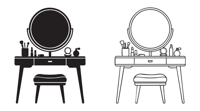 vanity table with makeup mirror black silhouette line art vector black silhouette black silhouette with line art vector