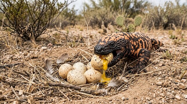Gila monster eating eggs in the desert.