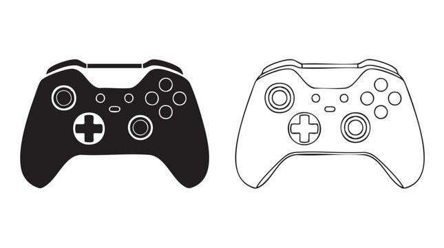 black silhouette with line art vector video game controller featuring gaming, gamepad