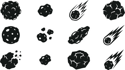 Black and White Asteroid and Meteorite Silhouette Icon Set with Flying Comets Falling Meteors and Space Rock Elements for Astronomy Graphic Designs © ovi